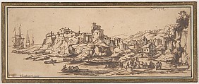 View of an Italian Coastal Village with Boats Landing on a Beach, Casper van Eyck  Flemish, Pen and brown ink, brush and gray wash (gray wash added at a later date?)