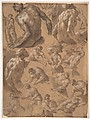 Figure Studies, Eduard Dubois  Flemish, Brush and brown wash, heightened with white, on brown paper.