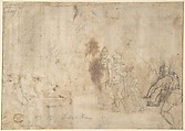 Dido and Aeneas (recto); Three Figures Traced in Reverse from Recto and a Study of a Seated Man (verso), Anonymous, Italian, 16th century (Italian, active Central Italy, ca. 1550–1580), Pen and brown ink, brush and brown wash, squared for transfer (recto); graphite, pen, and brown ink (verso)