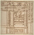 Design for Wall Decoration with a Funeral Monument Decorated with Columns and Putti Holding Garlands, Anonymous, Italian, 16th century (Genoese?) Italian, Pen and light brown ink, brush and brown wash