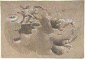 Design for a Ceiling:  Male Figure with a Trident and Another Figure in a Horse Drawn Chariot, Anonymous, Italian, 16th century  Italian, Brush and brown wash, highlighted with white, on brown washed paper