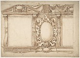 Design for an Interior Wall with Pedimented Niches or Windows, Flanking a Cartouche, Anonymous, Italian, 16th to 17th century Italian, Pen and brown ink, brush and brown wash over traces of leadpoint, and stylus ruling