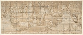 Antique Naval Battle (recto); A Battle Scene (verso), Lattanzio Gambara (Italian, Brescia ca. 1530–1574 Brescia), Pen and brown ink, brush and brown wash, squared for transfer in black chalk (recto); black chalk (verso)