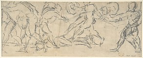 Antique Naval Battle (recto); A Battle Scene (verso), Lattanzio Gambara (Italian, Brescia ca. 1530–1574 Brescia), Pen and brown ink, brush and brown wash (recto); black chalk (verso); squared in black chalk