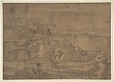 Landscape with Saint Christopher and Male Monastic Saint (recto); Victory Crowning a Warrior, and Two Other Figures (verso)., Anonymous, Italian, North Italy, 16th century, Pen and brown ink, brush and brown wash, highlighted with light yellow gouache (recto); pen and brown ink (verso)