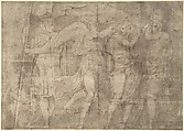 Landscape with Saint Christopher and Male Monastic Saint (recto); Victory Crowning a Warrior, and Two Other Figures (verso), Anonymous, Italian, North Italy, 16th century, Pen and brown ink, brush and brown wash, highlighted with light yellow gouache (recto); pen and brown ink (verso)
