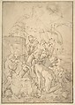 Standing Nude Female and Putto with Studies of a Hand and an Arm (recto); Satyrs destroying a Female Herm (verso), Anonymous, Italian, 16th century (Italian, active Central Italy, ca. 1550–1580), Pen and brown ink, brush and gray-brown wash