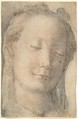 Head of a Young Woman in Three-quarter View Facing Right, with Lowered Eyes, Anonymous, Italian, Florentine, 16th century  Italian, Black and red chalks with slight reworking by the artist in pen and brown ink on off-white paper