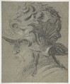 Study of a Bearded Man Wearing the Helmet of Guidobaldo II della Rovere, Duke of Urbino, Anonymous, Italian, Venetian, 16th century, Charcoal or black chalk, highlighted with white chalk, on blue paper (faded to blue-gray)