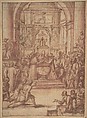 State Baptism of a Child of Noble Blood, Anonymous, Italian, Florentine, second half of the 16th century  Italian, Pen and brown ink, brush with brown and red wash, over red chalk and traces of black chalk; squared in black and red chalk