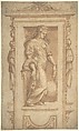 Female Allegorical Figure of Benignitas (Goodness), with Attributes of Abundance Standing in a Niche (recto); Architectural Sketches (verso), Giorgio Vasari Italian, Pen and brown ink, brush and brown wash, over an underdrawing done with traces of black chalk, ruling, and compass-work in pen and brown ink (recto); black chalk (verso)