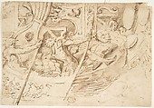 Ancient Naval Battle (Recto); Park with Monuments (Verso), Anonymous, Italian, 16th century, Pen and brown ink (recto); Pen and brown ink, brush and gray wash (verso)