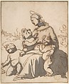 Madonna and Children, Anonymous, Italian, 16th century  Italian, Pen and brown ink, brush and gray wash, over black chalk; framing lines in pen and brown ink