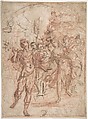 Scene of Celebration with Dancing and Music-Making (Jephtha and his Daughter?), Anonymous, Italian, Roman-Bolognese, 17th century  Italian, Red chalk, reworked with pen and brown ink, brush with brown and red wash on light brown paper
