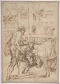 Hercules Capturing the Cretan Bull, from "The Labors of Hercules", Ercole Procaccini The Younger Italian, Pen and brown ink over black chalk on light tan paper, strips of cream paper with two ruled framing outlines in blue ink glued to edges of sheet