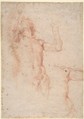 Study of Nude Figure in Front View Looking Upward; Study of Torso and Left Arm, Anonymous, Italian, Roman-Bolognese, 17th century  Italian, Red chalk on light brown paper