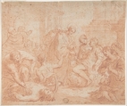 A Saint Healing the Sick (recto); Upper Body of Nude Male with Outstretched Arms, seen from the rear (verso), Anonymous, Italian, Roman-Bolognese, 17th century, Red chalk on cream paper (recto); black chalk (verso)