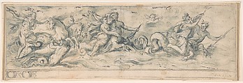 Sea Deities, Anonymous, Italian, Roman-Bolognese, 17th century  Italian, Black chalk, brush and blue wash, highlighted with white gouache on cream paper