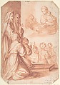 Madonna and Child and Worshippers, Anonymous, Italian, 16th to early 17th century  Italian, Red chalk, brush and red wash on cream paper