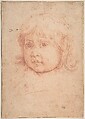 Child's Head, Anonymous, Italian, Roman-Bolognese, 17th century  Italian, Red chalk on cream laid paper; fragmentary framing lines in pen and black ink along left, bottom and right edges; fragmentary framing line in pen and gray ink along left edge