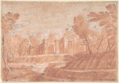Landscape with Architectural Structure, Anonymous, Italian, Roman-Bolognese, 17th century  Italian, Red chalk highlighted with white gouache on light brown paper; reworked counterproof