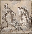 Two Saints (Pope and Bishop?), Anonymous, Italian, Roman-Bolognese, 17th century  Italian, Brush and brown ink, brown wash, highlighted with gouache, over black chalk, on light brown paper; squared for transfer in black chalk