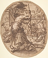 A Massacre, Anonymous, Italian, Roman-Bolognese, 17th century  Italian, Pen and brown ink, brush and brown wash, partly corrected with white gouache over traces of red chalk on light brown paper; oval framing outline in pen and brown ink