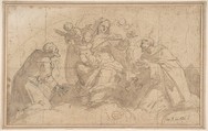 Madonna and Child with Saints and Angels, Anonymous, Italian, Roman-Bolognese, 17th century  Italian, Red chalk on cream paper; fragmentary framing lines in pen and black ink along left, bottom and right edges; fragmentary framing line in pen and gray ink along left edge