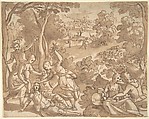 Landscape with Lovers and Hunters, Adam van Noort Netherlandish, Black chalk, pen and brown ink and brown wash