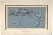 Study of Two Soldiers and a Hand, Adam Frans van der Meulen  Flemish, Black and white chalk, heightened with cream-colored gouache, on blue paper