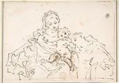 Madonna and Child with Worshipper, Anonymous, Italian, 17th century  Italian, Pen and brown ink over black chalk on cream paper; framing outline in brown ink