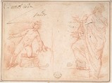 Two Figures: Nude Youth on One Knee, Man Standing with Left Foot Raised, Anonymous, Italian, Roman-Bolognese, 17th century Italian, Red chalk, pen and brown ink on cream paper