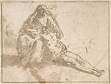 Pietà (recto); Sketches of Kneeling Figures, Putto (verso), Domenico Mondo (Italian, Capodrise near Caserta 1723–1806 Naples), Pen and brown ink, brush and brown wash over black chalk on light brown laid paper (recto); ruled framing outlines in pen and brown ink. Pen and brown ink, black chalk (verso)