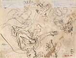 Pietà (recto); Sketches of Kneeling Figures, Putto (verso), Domenico Mondo (Italian, Capodrise near Caserta 1723–1806 Naples), Pen and brown ink, brush and brown wash over black chalk on light brown laid paper (recto); ruled framing outlines in pen and brown ink. Pen and brown ink, black chalk (verso)