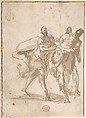 Three Figures (recto); Sketches of Kneeling Figures and Putti (verso), Domenico Mondo (Italian, Capodrise near Caserta 1723–1806 Naples), Pen and brown ink, brush and brown wash, over black chalk on light brown paper (recto). Ruled framing outlines in pen and brown ink on left, top, and right edges. Black chalk, pen and brown ink (verso)