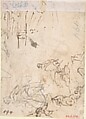 Three Figures (recto); Sketches of Kneeling Figures and Putti (verso), Domenico Mondo (Italian, Capodrise near Caserta 1723–1806 Naples), Pen and brown ink, brush and brown wash, over black chalk on light brown paper (recto). Ruled framing outlines in pen and brown ink on left, top, and right edges. Black chalk, pen and brown ink (verso)