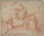 Madonna and Child with Saints, Anonymous, Italian, Roman-Bolognese, 17th century Italian, Red chalk on light blue paper faded to gray-brown