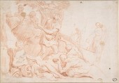 Figures and a River God, Anonymous, Italian, Roman-Bolognese, 17th century Italian, Red chalk on cream paper