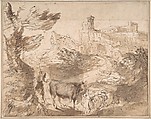 Landscape with Herdsman, Anonymous, Italian, Roman-Bolognese, 17th century Italian, Pen and brown ink, brush and brown wash on cream paper