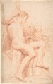 Nude Male with Two Putti, Anonymous, Italian, Roman-Bolognese, 17th century Italian, Red chalk on light brown paper