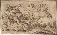 Aurora and Cephalus: Engraver's study after decoration in the Galleria Farnese, Rome, Anonymous, Italian, Roman-Bolognese, 17th century  Italian, Pen and brown ink, brush and brown wash, on light brown paper; framing line in brown ink along bottom edge