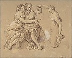 Lot and his Daughters, Anonymous, Italian, 17th century  Italian, Pen and brown ink, brush and brown wash, on blue paper painted brown