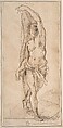 Nude Figure (Saint Sebastian?), Anonymous, Italian, Roman-Bolognese, 17th century  Italian, Pen and brown ink on cream paper. Ruled vertical lines in black chalk