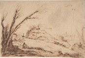 Landscape with Figures, Anonymous, Italian, Roman-Bolognese, 17th century Italian, Pen and brown ink on light brown paper