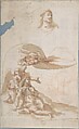 Saint in Ecstasy; Study of Saint's Head (recto); Sketches of Putti (verso), Anonymous, Italian, Roman-Bolognese, 17th century, Pen and brown ink, brush and brown wash, over red chalk on cream paper (recto). Framing outline in pen and brown ink. Black chalk (verso)