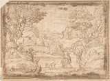 Landscape with the Baptism of Christ, Anonymous, Italian, Bolognese, 17th century Italian, Pen and brown ink over traces of black chalk on light brown paper