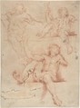 Three Studies of Seated Nude Male with Raised Arm, Seen from Below, Anonymous, Italian, Bolognese, 17th century Italian, Red chalk, on light brown paper; partly reworked with red crayon