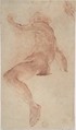 Seated Nude Male in Profile View Facing Left with Arm Raised; Fragment of Study of Right Hand, Anonymous, Italian, Bolognese, 17th century Italian, Red chalk on light brown paper. Partly reworked with red crayon