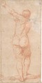 Male Figure with Arms Raised to the Left Seen From the Rear (recto); Male Figures with Arms Raised to the Left (front view of figure on recto) (verso), Anonymous, Italian, Bolognese, 17th century, Red chalk on light brown paper. Framing outline in pen and brown ink