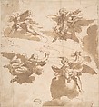 Studies of Figures on Clouds, Anonymous, Italian, Roman-Bolognese, 17th century Italian, Pen and brown ink, brush and brown wash, over traces of black and red chalk on light brown paper. Fragments of framing outlines visible at left, right, and upper edges
